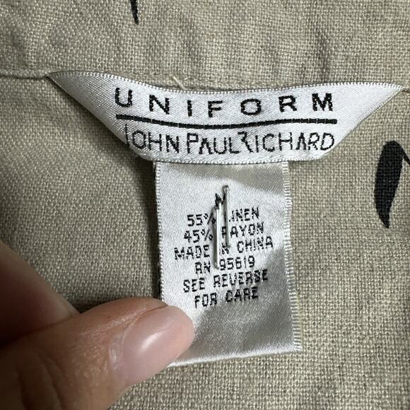 Linen Bamboo Print Shirt John Paul Richard M Cottage Naturecore Button Blouse - Picture 9 of 10